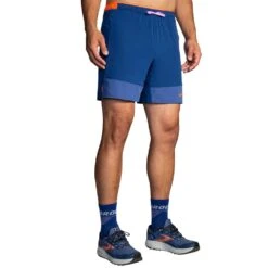BROOKS Men's High Point 7" 2-in-1 Short - Dk Aegean/Bright Oran -Daily Flex Shop 211454 452 MF High Point 7in 2in1 Short